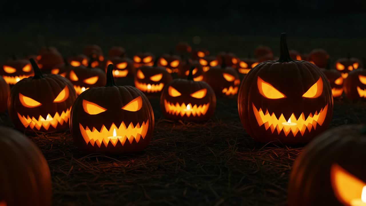 A Spooky Nightscape of Menacing Jack-O'-Lanterns: Eerie Glow and Sinister Grins Illuminate the Halloween Spirit in a Field of Fearsome Pumpkins