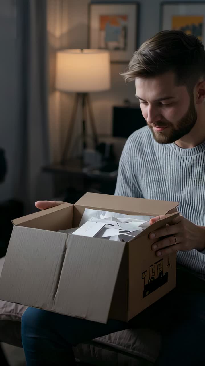 Vertical video: Noticing camera, man in striped shirt holding box, inspecting paper slips at home