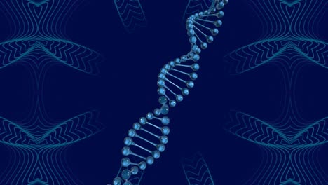 Digital-animation-of-dna-structure-spinning-against-kaleidoscopic-patterns-on-blue-background