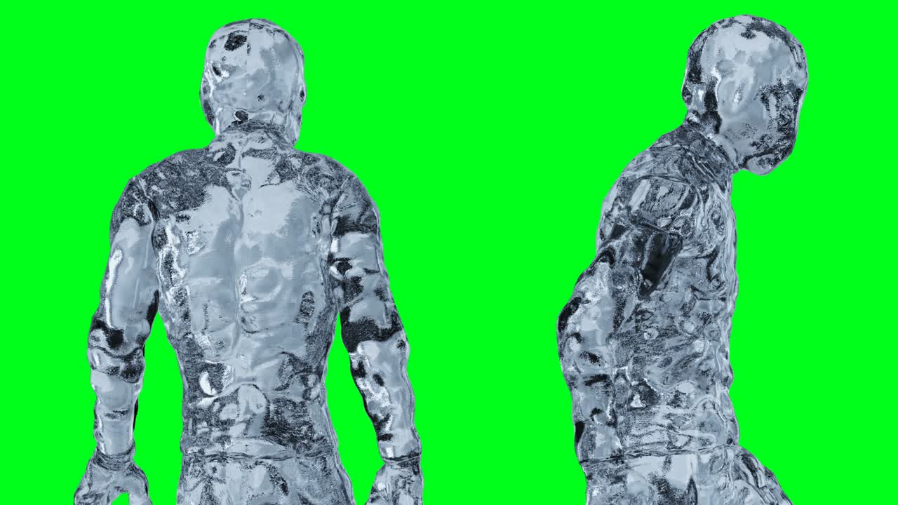 얼음, 유리 남자 캐릭터 애니메이션, 녹색 화면에서 고립.