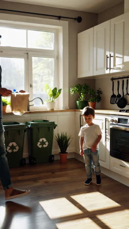 father and son recycling plastic bottles in the kitchen