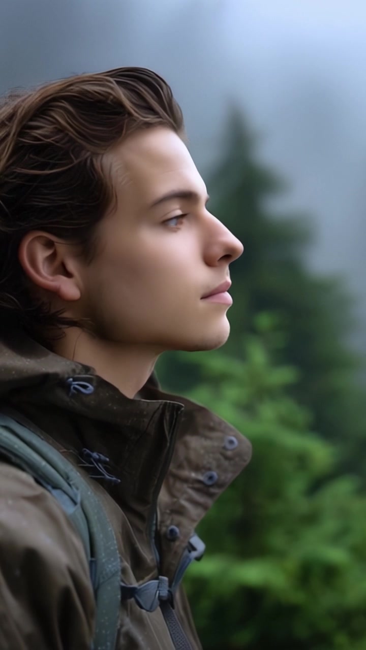 Un giovane uomo che guarda pensieroso in lontananza in mezzo a una foresta nebbiosa, mostrando introspezione e connessione con la natura in un ambiente sereno.