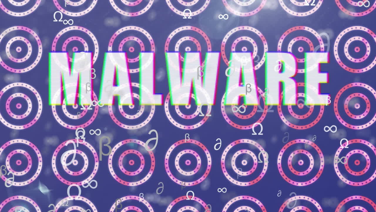 파란색 배경에 있는 원 위에 여러 개의 회전하는 별 위에 여러 개의 기호와 악성코드 텍스트