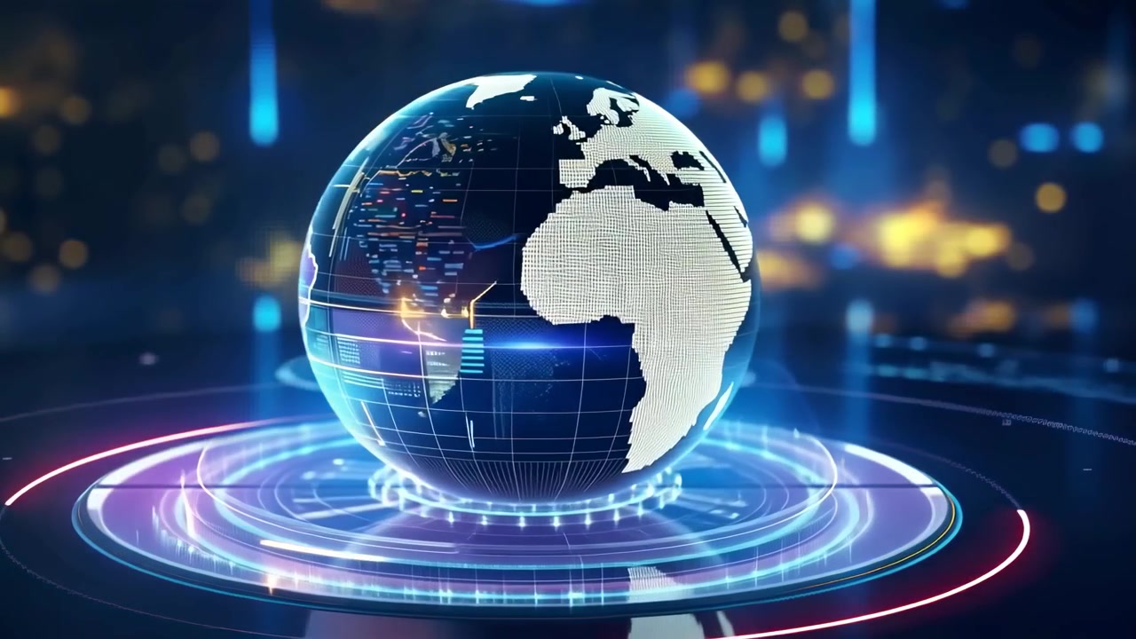 Digital Earth Globe Rotating with Data Flow on Futuristic Platform