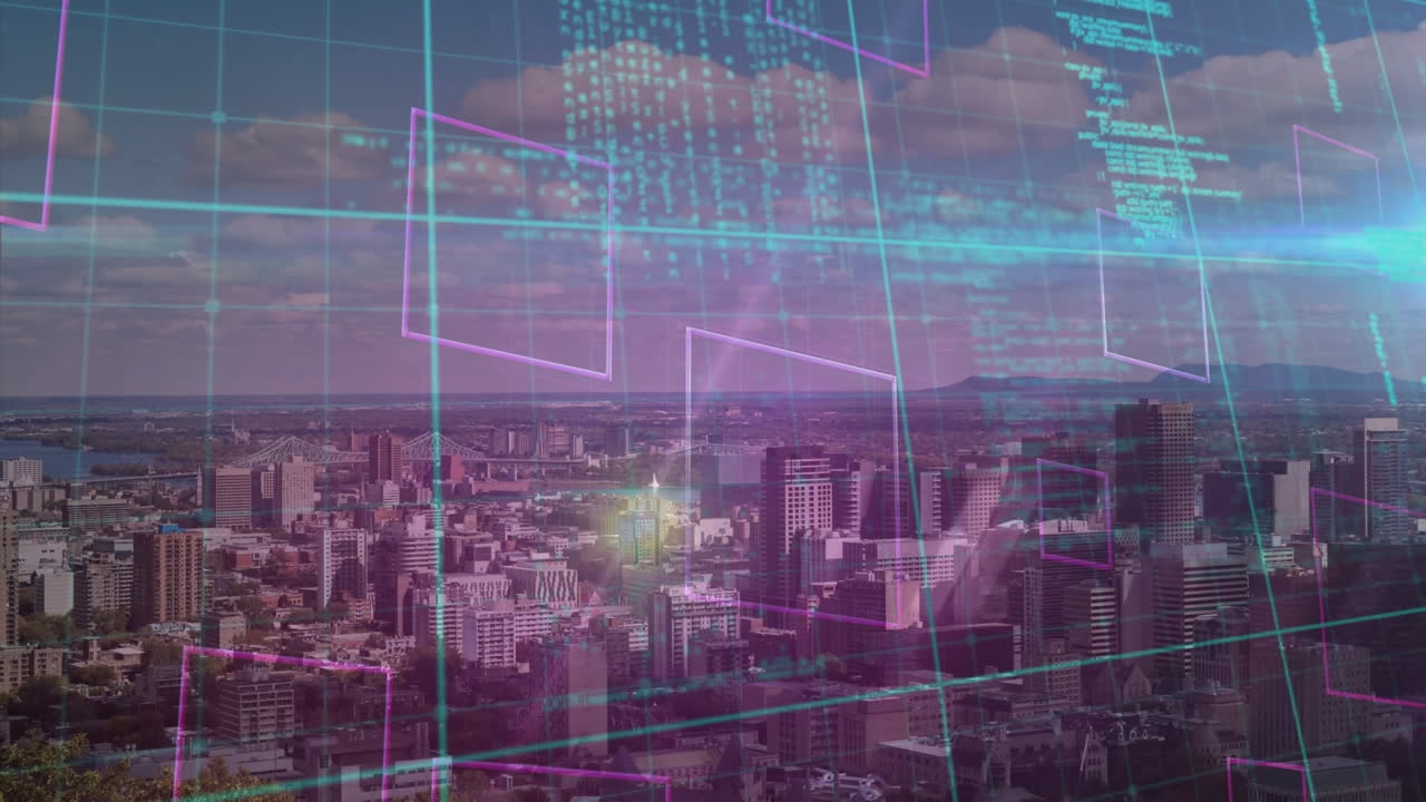 Animation of data processing and squares over cityscape