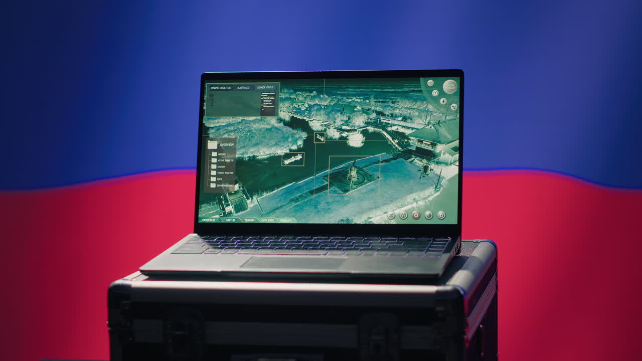 러시아 크렘린 정권 군대는 로을 스캔하기 위해 노트북을 사용합니다.