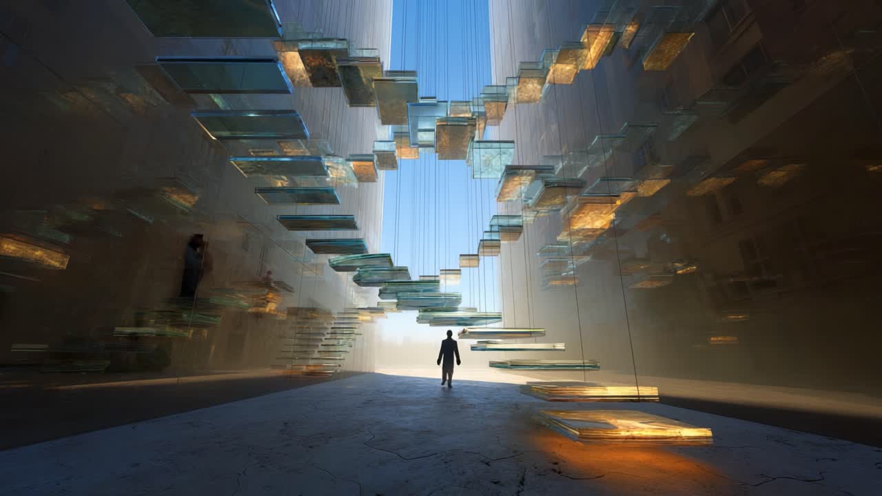 A captivating display of modern architecture featuring a unique glass staircase that seamlessly blends with light and shadows, creating a surreal atmosphere for the lone figure exploring the space