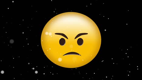 Digital-animation-of-white-particles-floating-over-angry-face-emoji-against-black-background