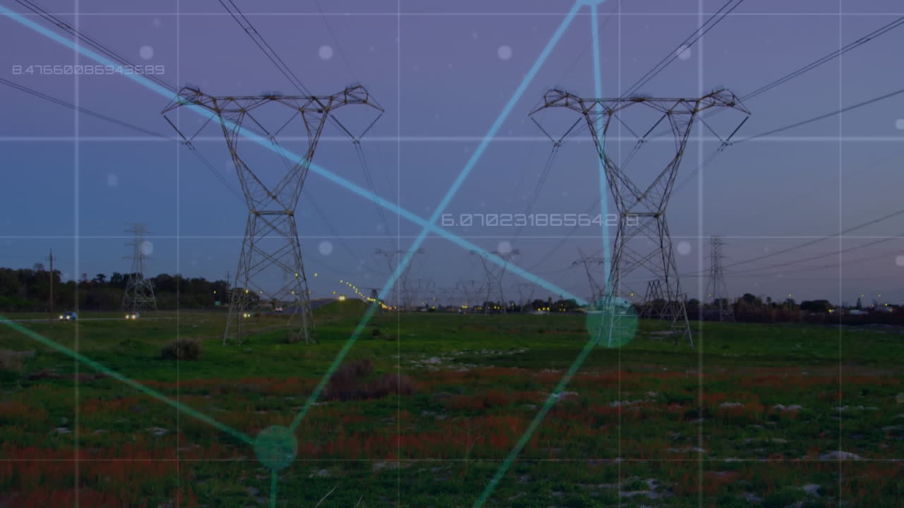 Animation of data processing and square over landscape with electricity pylons