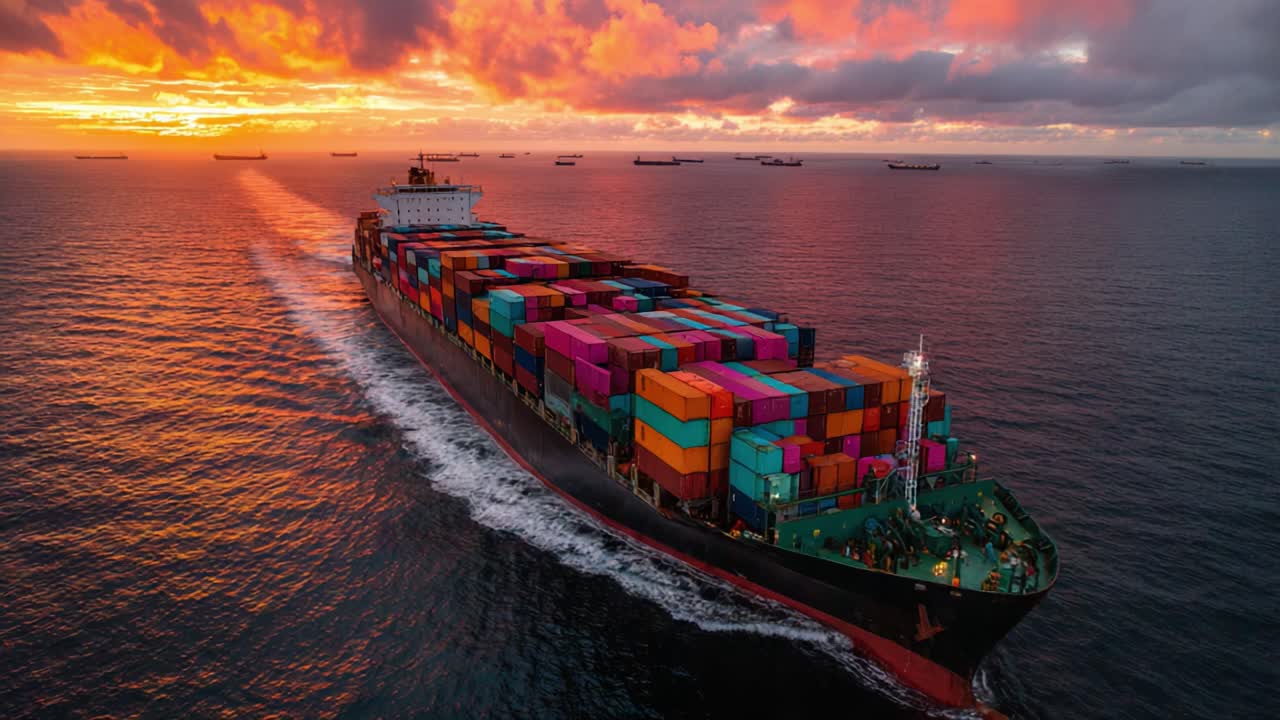 A Majestic Container Ship Navigating Through Calm Waters at Sunrise, Surrounded by a Radiant Sky and Multiple Vessels on the Horizon
