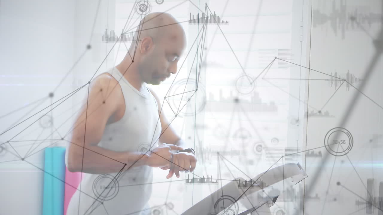 트레드밀에서 달리는 남성 운동선수와 함께 데이터 처리의 애니메이션