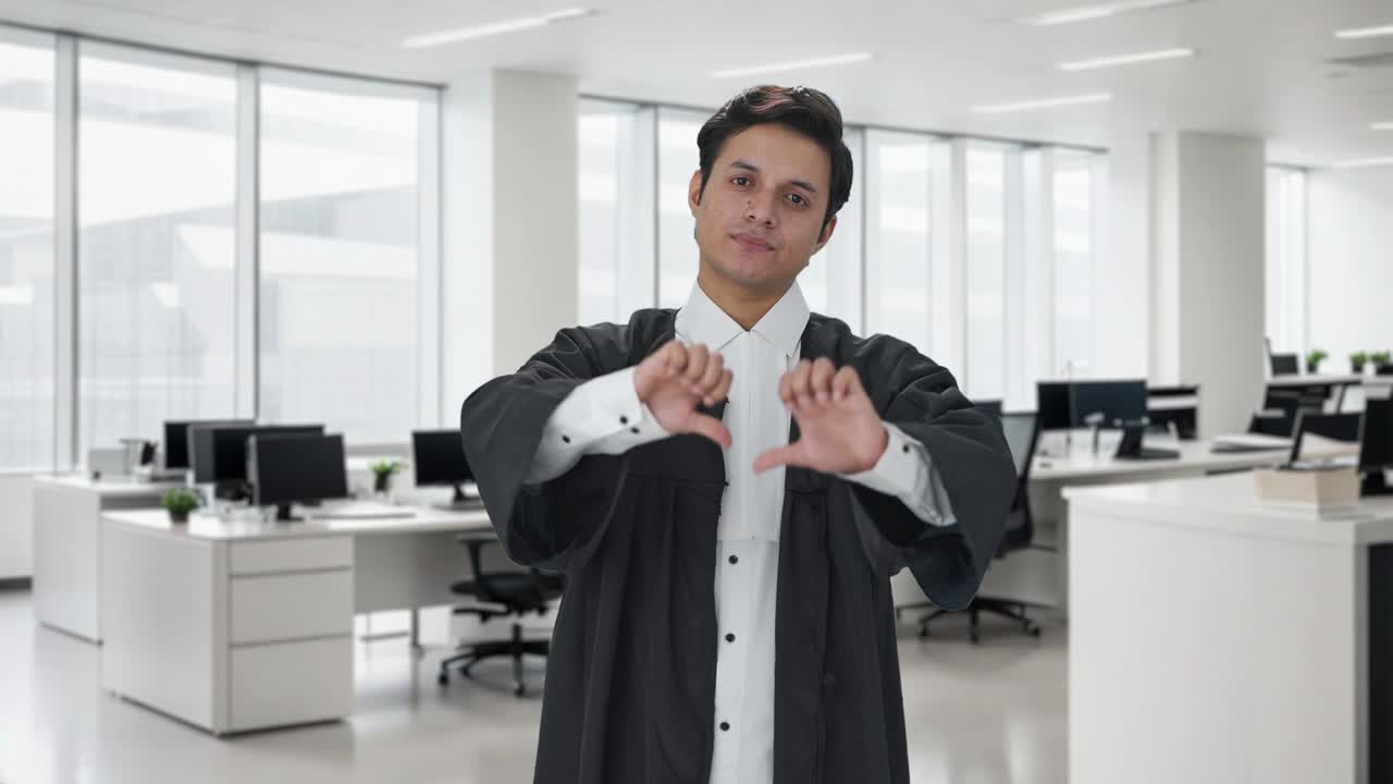 실망 한 인도 변호사 는 엄지 손가락 을 내려 보이고 있다