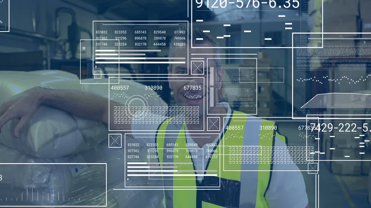 Vertical video: Warehouse worker checking pallet as HUD overlays show live data verifying inventory