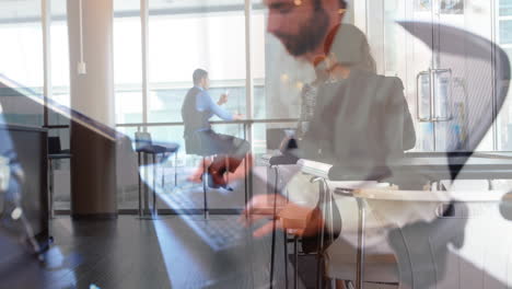 Animation-of-caucasian-man-using-computer-over-business-people-in-office
