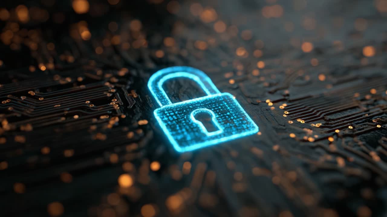 Dynamic Representation of Digital Security: A Glowing Padlock Symbolizing Protection and Encryption in a Technological Landscape