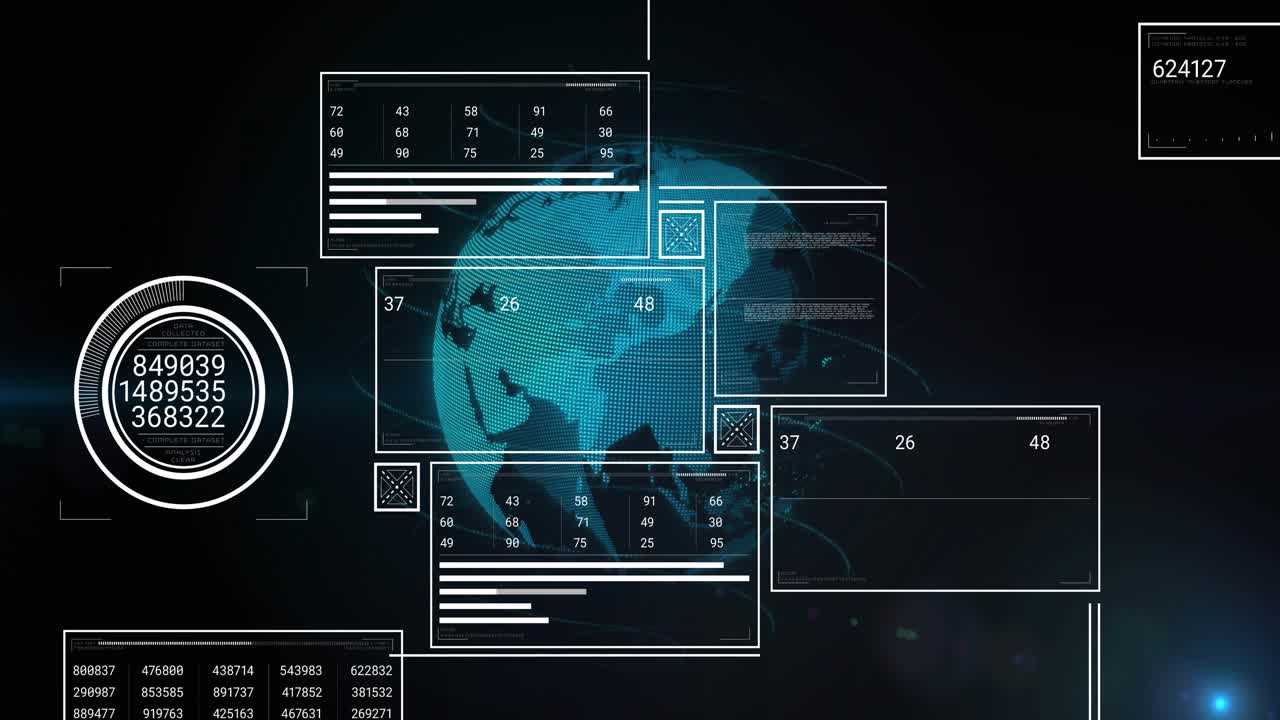 Glowing dotted globe materializing in dark space spawning panels visualizing global data in motion