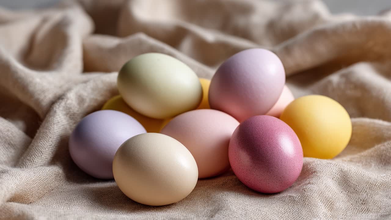 Una colorida exhibición de huevos decorados descansando sobre tela suave, perfecta para celebrar las fiestas de primavera con diseños vibrantes y creativos para ocasiones festivas.