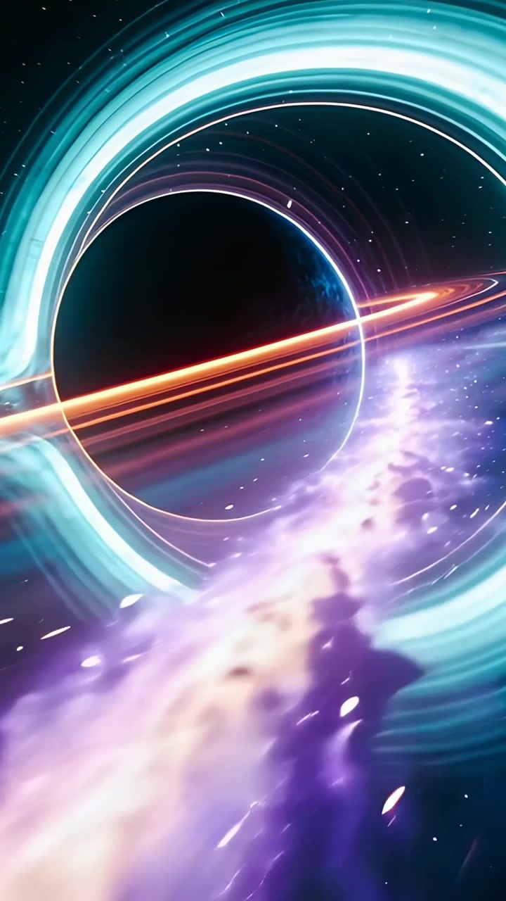 Vertical video: Tracking black hole making fields causing purple plasma crossing disk in space