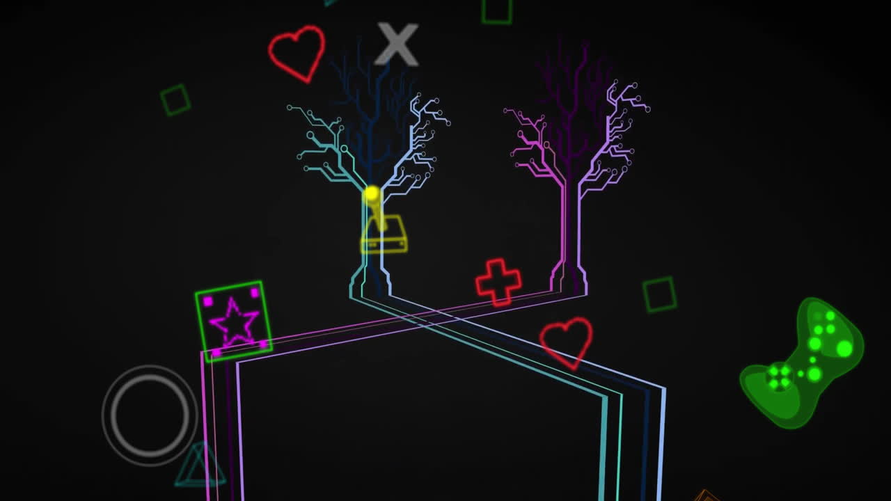 animación de patrón abstracto con símbolos que caen y consolas de juegos sobre fondo negro
