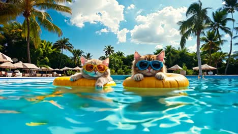 two cats in a pool with sunglasses on