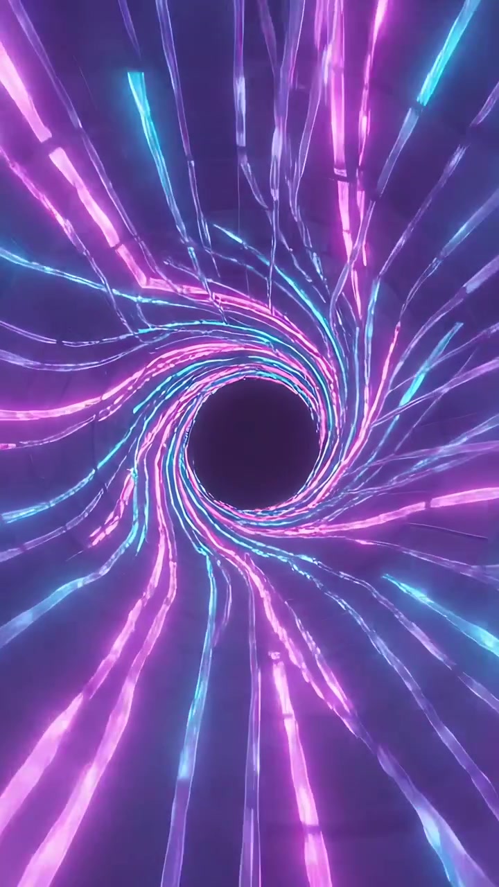 Vertical video: Loop starting, neon ribbons spiraling, pulsing in indigo creating tunnel void