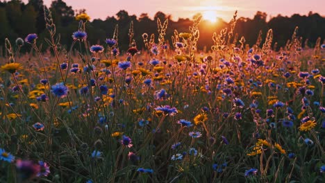 low-angle video capturing a vibrant wildflower meadow at sunset, highlighting colorful blooms