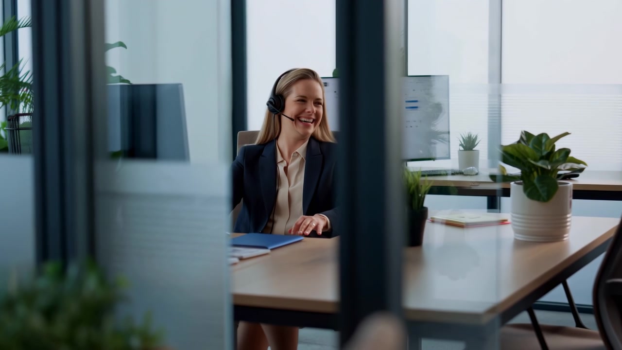 Donna sorridente con cuffie siede a una scrivania di legno all'interno di un moderno ufficio con pareti in vetro, che ride con la testa reclinata all'indietro durante una conversazione amichevole con un cliente, circondata da piante, monitor e morbida...