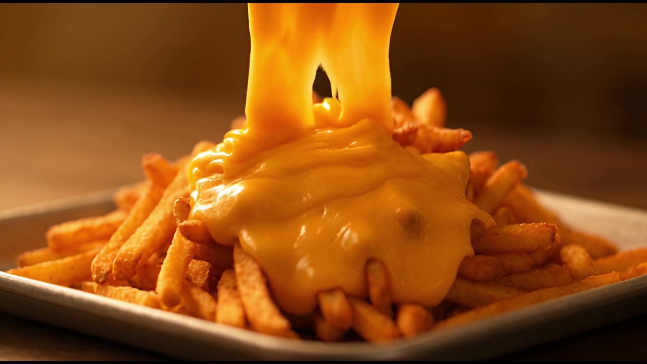 Warm Melted Cheese Pouring Over Crispy French Fries