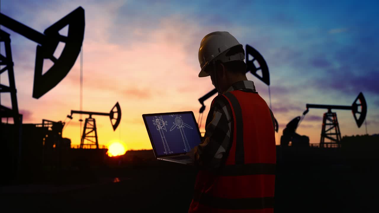 vista trasera de un ingeniero masculino asiático con casco de seguridad mirando el plano de la turbina eólica en su portátil mientras está de pie frente a las bombas de petróleo, durante la puesta o el amanecer