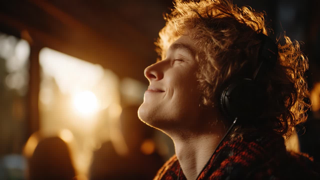 Un Viaggio Sereno: Un giovane immerso nella musica e in momenti di beatitudine, circondato da luce calda e compagnia confortante.