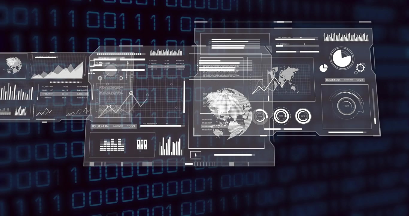 Dark binary code matrix appearing panels sliding merging arranging into dashboard for visualization