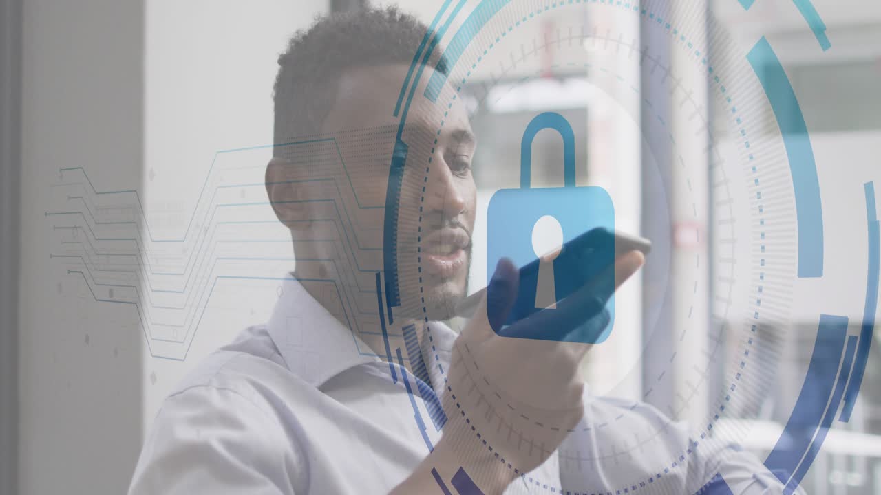 Businessman lifting smartphone toward mouth, speaking and activating padlock graphics for voice ID