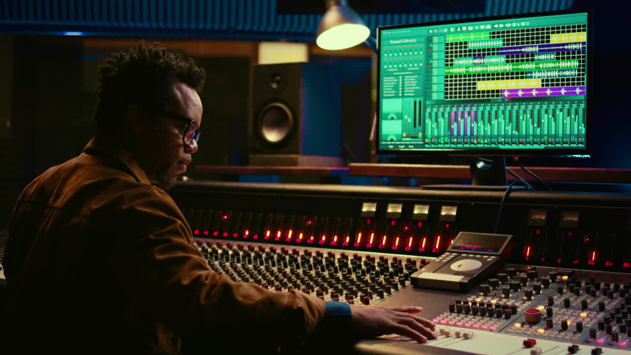 Portrait of african american audio technician uses mixing console with knobs