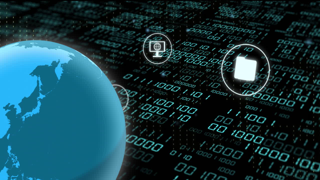 цифровые значки связи по двоичному коду и глобусу, представляющие глобальную связь