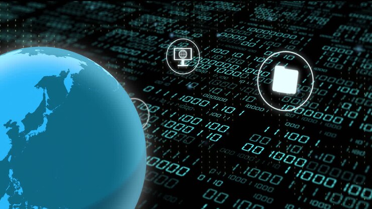 Digital communication icons over binary code and globe, representing global connectivity