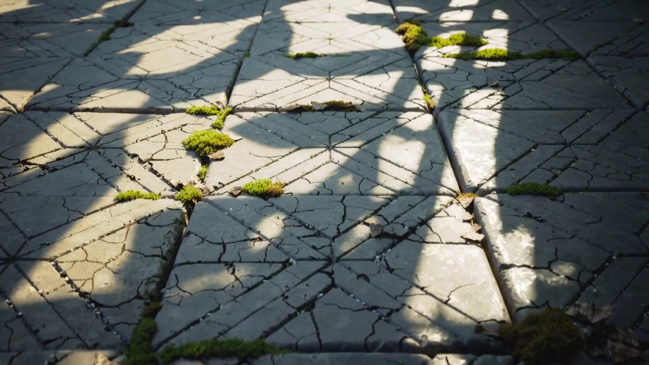 Shifting sunlight casting rail shadows sliding over patterned cracked pavers at patio, showing moss