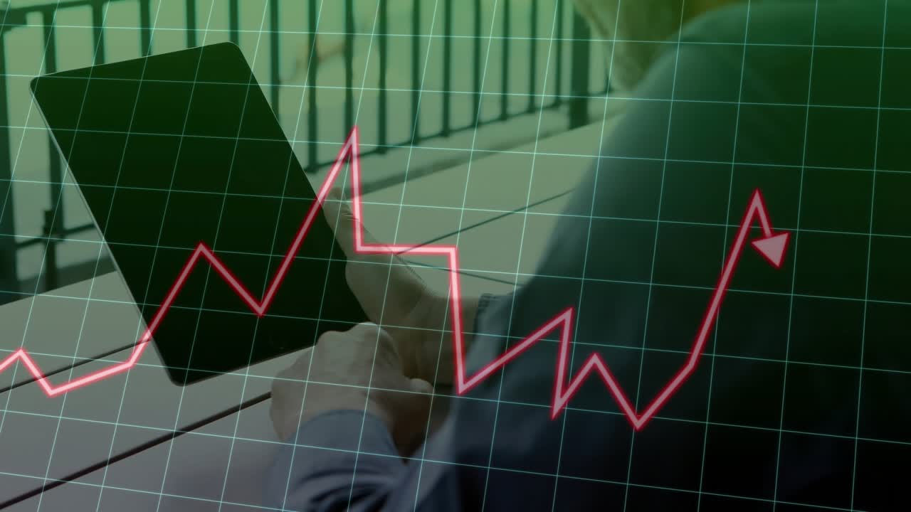 Male typing on laptop with sweeping green grid starting red stock chart oscillating trending upward