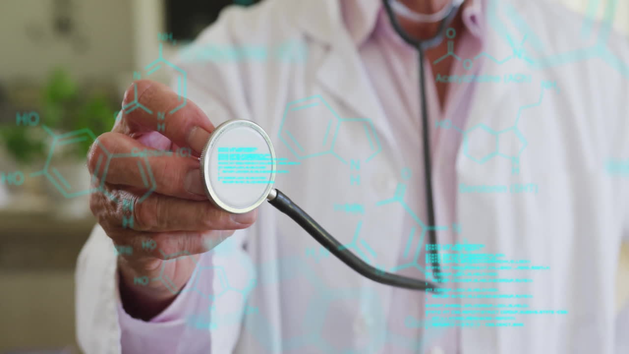 Animation of scientific data processing over caucasian male doctor with stethoscope
