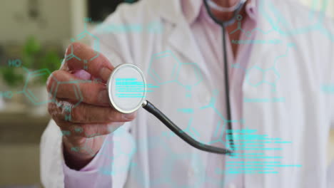 animation of scientific data processing over caucasian male doctor with stethoscope