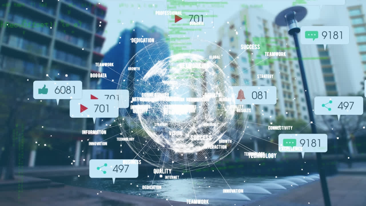 건물에 대항하여 전 세계의 텍스트 위에 음성 거품에서 숫자와 아이콘의 애니메이션