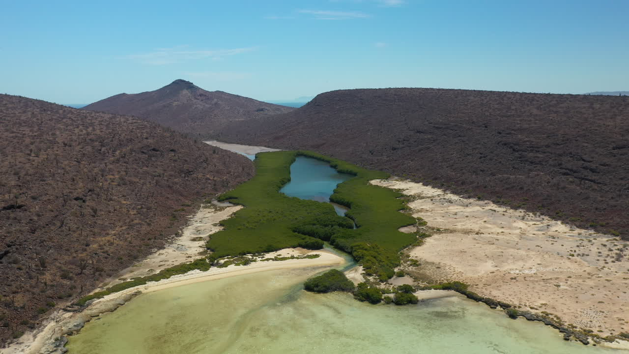 Cinematic drone shot of Balandra Beach, passing over the red hills, turquoise waters and white sand beaches, wide revealing aerial
