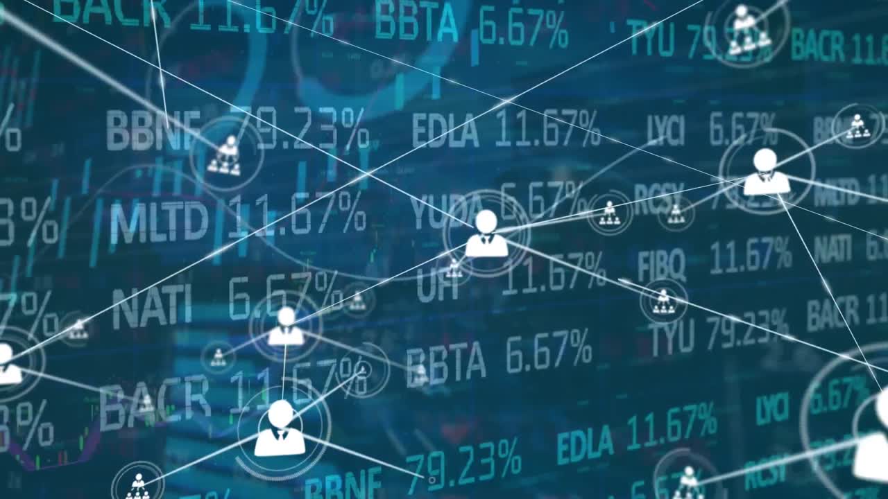 파란색 배경에 대한 주식 시장 데이터 처리에 대한 프로필 아이콘 네트워크의 애니메이션