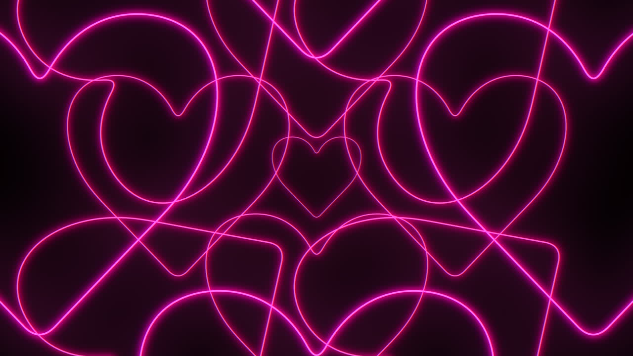 Abstract neon pink heart outlines moving and overlapping on a dark background, romantic love concept for Valentines Day, wedding, dating, party visuals and ads