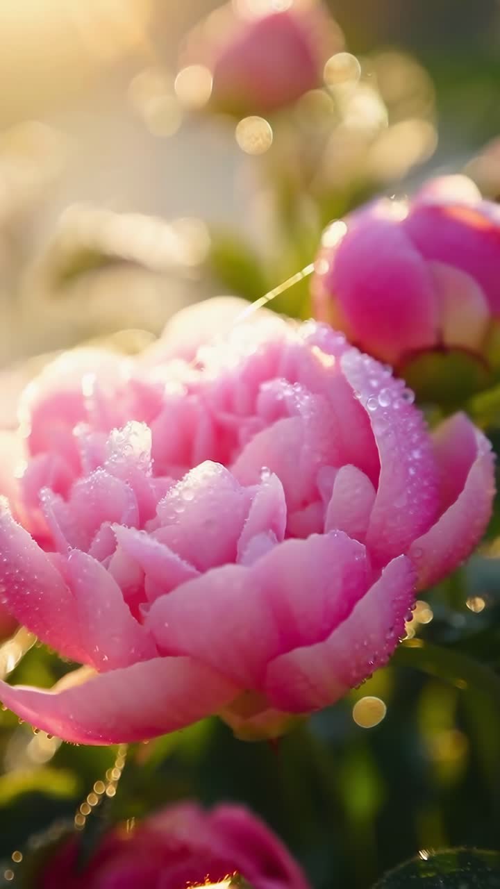 Video ravvicinato di peonie rosa rugiadose all'alba, ripreso da un'angolazione bassa per un effetto sognante.