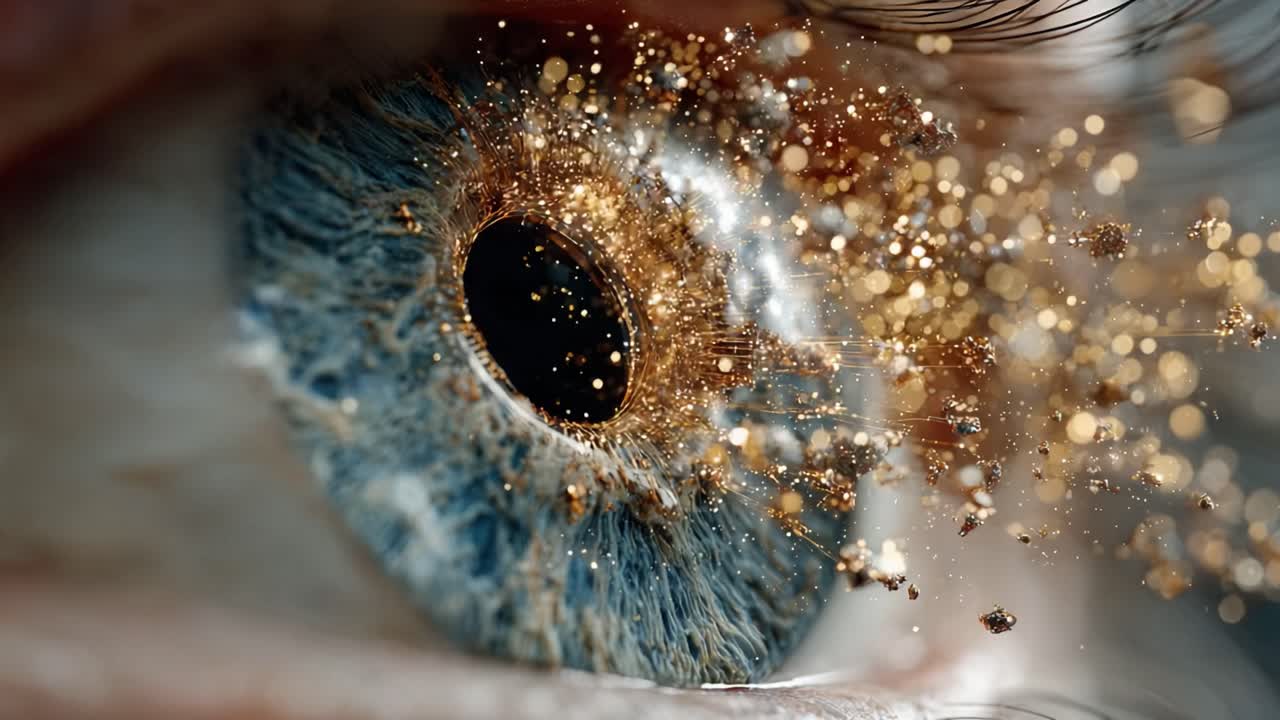 Macro shot of a beautiful blue and brown human eye with the iris shattering into tiny glittering particles, symbolizing vision, perception, magic, and the universe within our consciousness