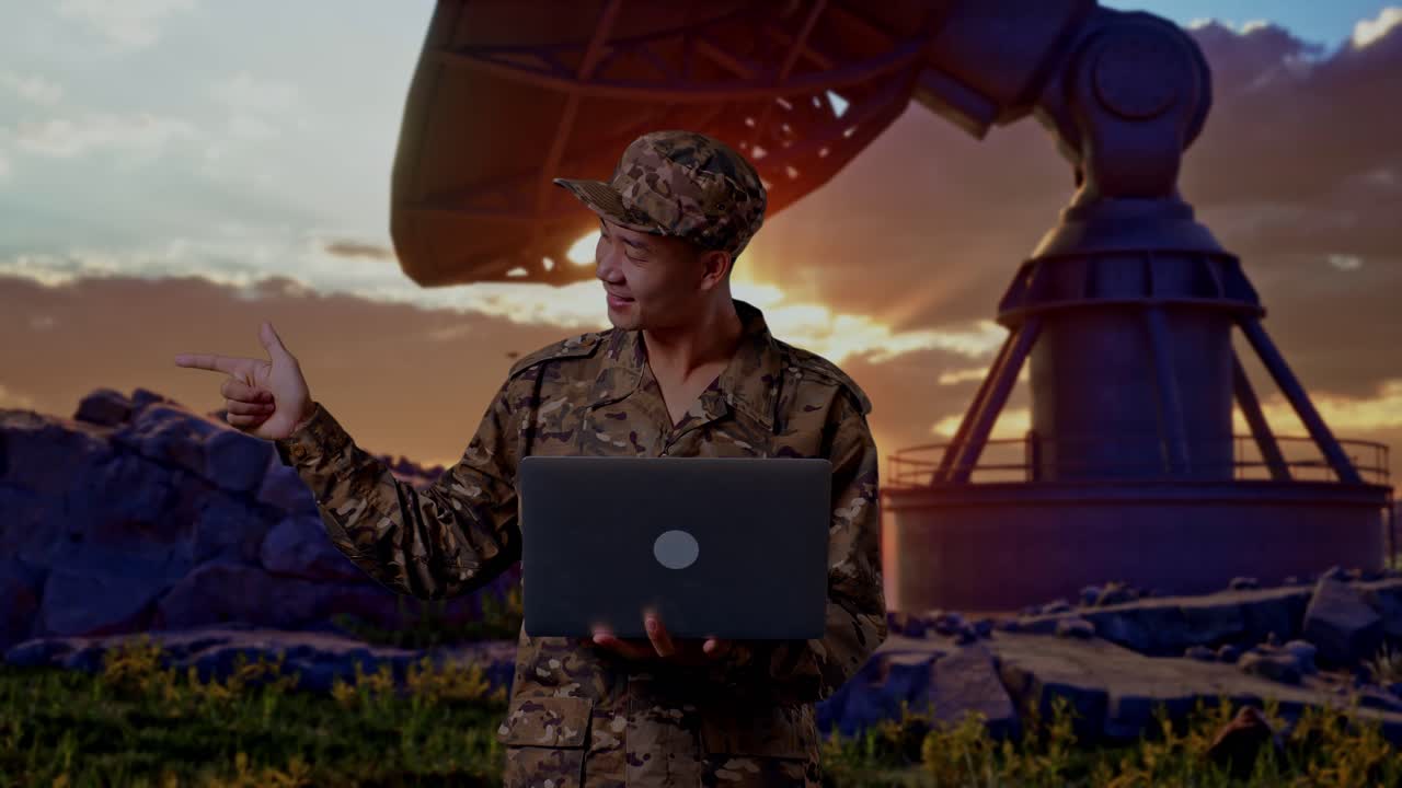 Asian Man Soldier Using A Laptop And Pointing To Side While Standing With Satellite Dish