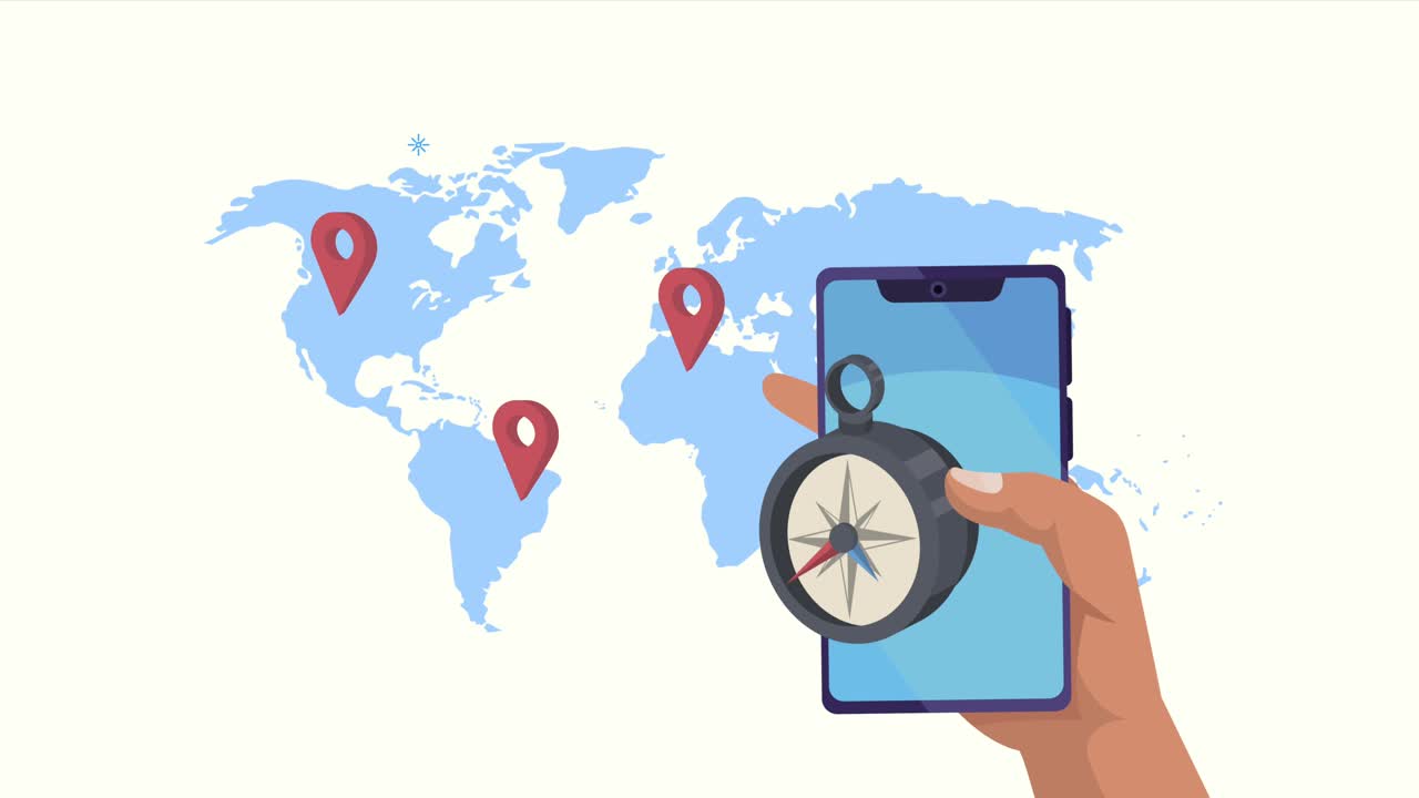 animación de servicio de gps con la mano usando teléfono inteligente y brújula
