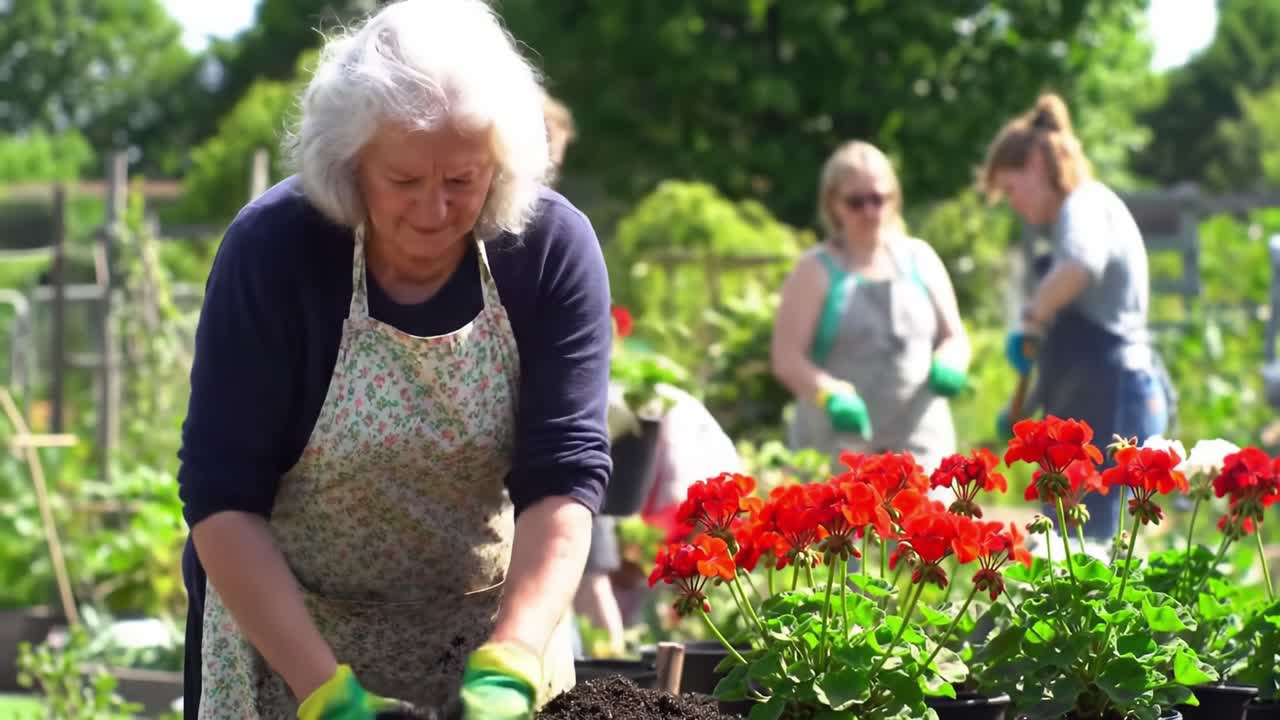 Gardening Together: A Community of Enthusiasts Cultivating Blooms and Strong Bonds as They Plant Vibrant Flowers in a Sunny, Lively Garden Setting