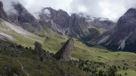 italian dolomites with pieralongia rock formation, cinematic wide establishing view