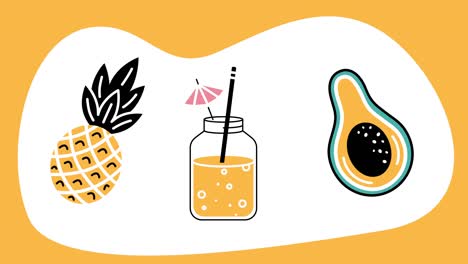 video en 4k de dibujos animados de piña, limonada y mango sobre un fondo blanco y amarillo.